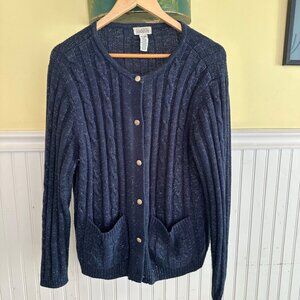 Classic Elements Navy Cable Knit Cardigan Sweater Vintage 90s XL